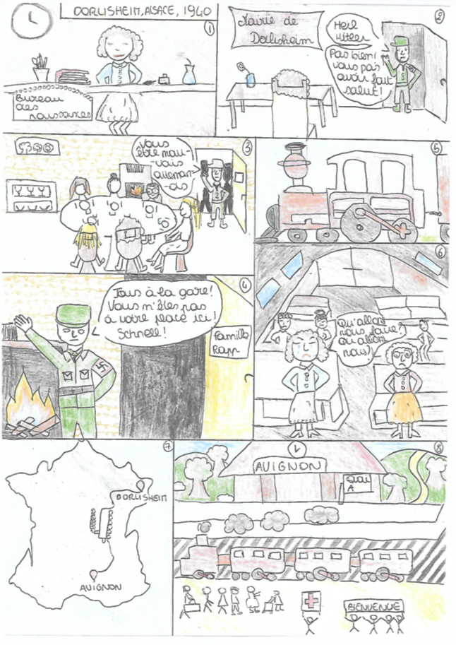 Dessins rèalisès par les petites filles de M. Daniel ICKOWICZ pour relater les évènements vécus par leur arrière-grand-mère Emma